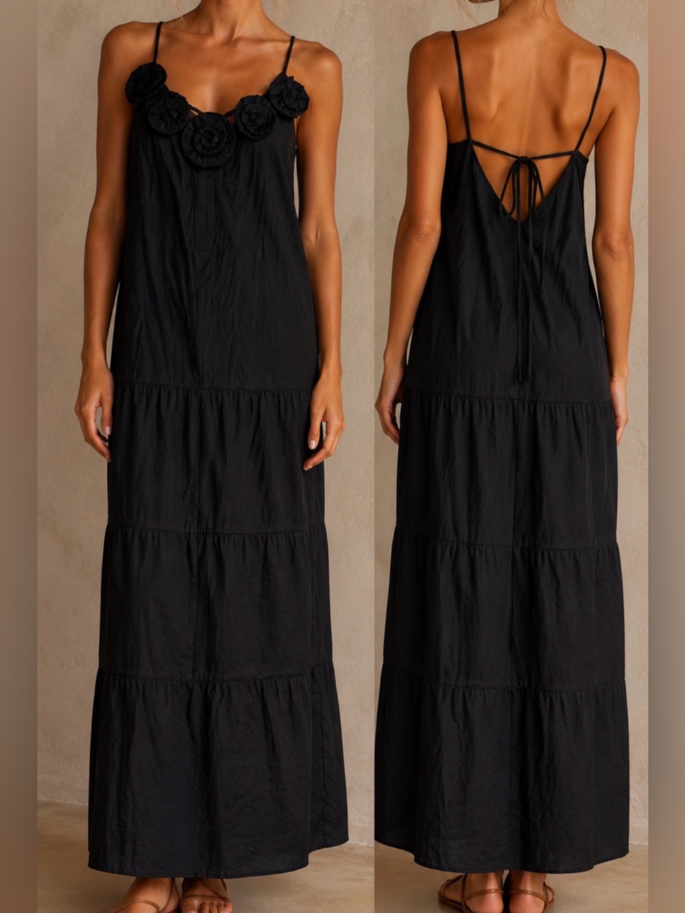 Vintage Newport News 100% Rayon Black Maxi Dress with Floral Trim